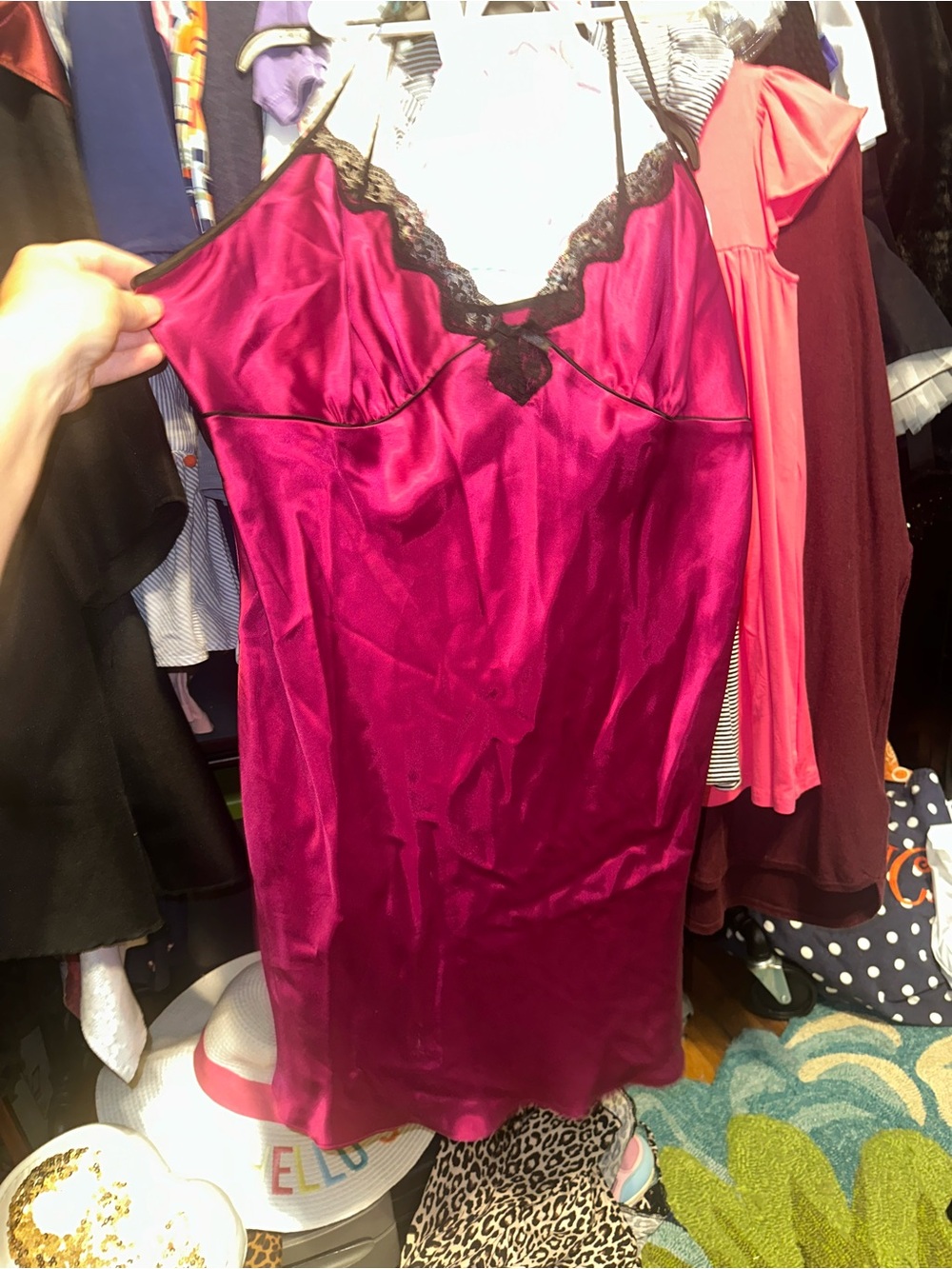 Delicious Fuchsia Satin Chemise with Black Lace